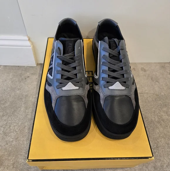 $990 Fendi Step FF Logo Embr Leather Sneakers Black & Gray EU 43 UK 9 US 10 BNIB